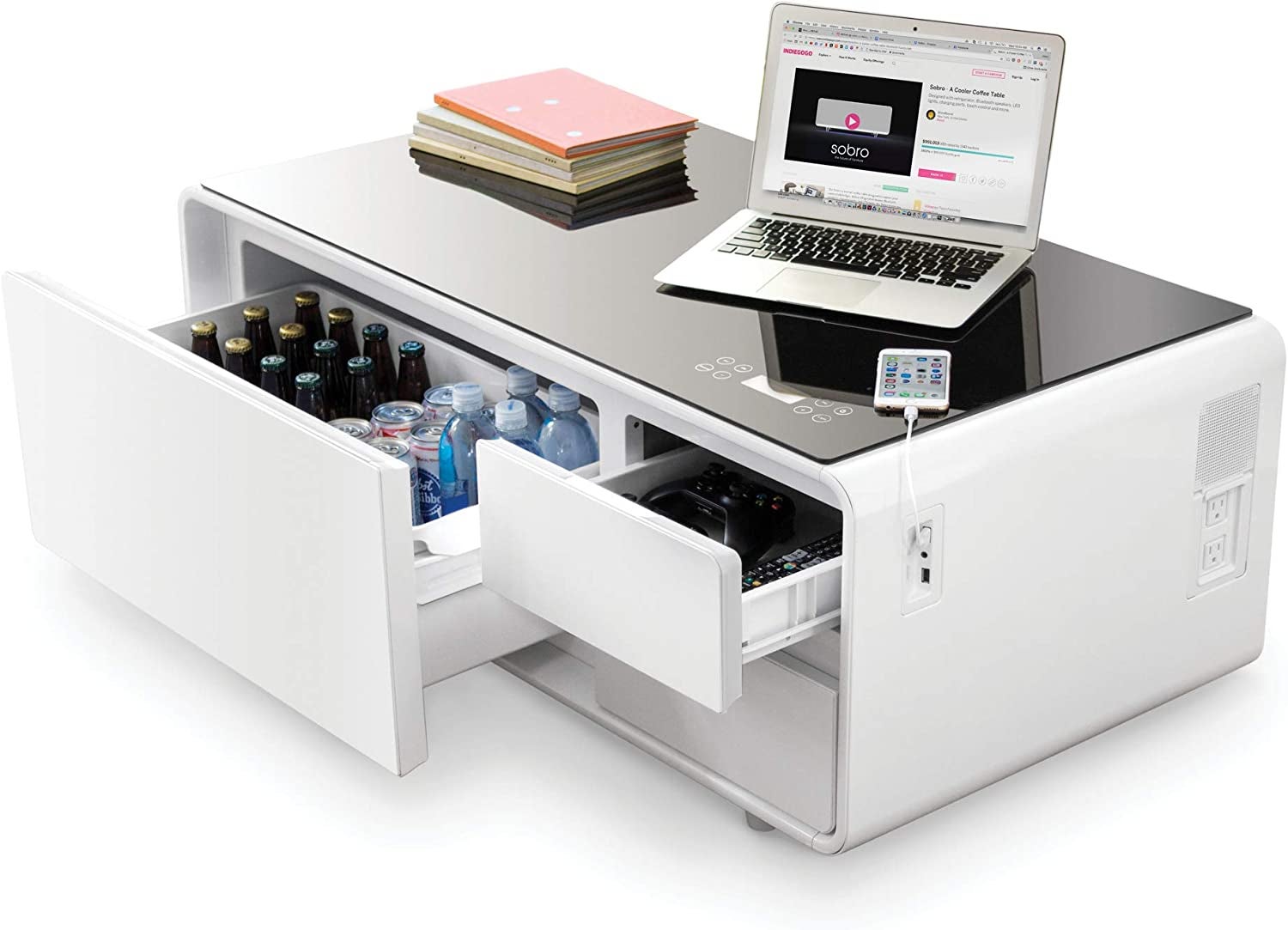 Smart coffee table with laptop, phone charging, LED lights, fridge, and speakers