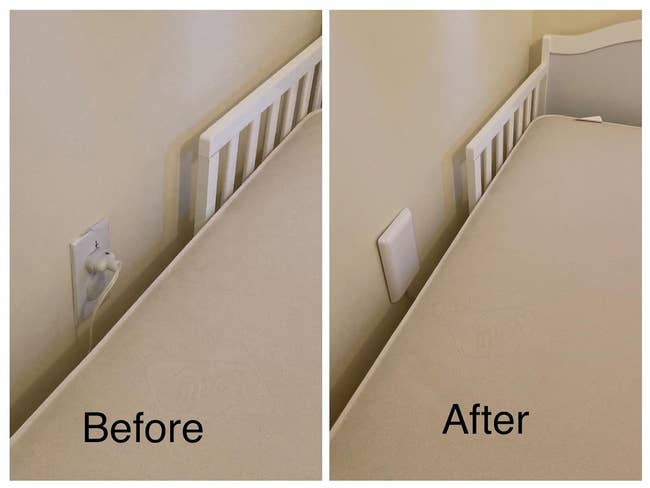 Side-by-side photos of a plug sticking out of the wall near a toddler's bed next to an image of the bed pushed all the way against the wall once the socket extender is plugged in