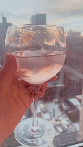 Editor holding iridescent stemmed wine glass full of rose 