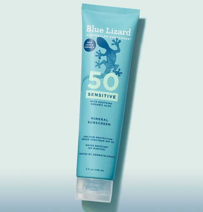 Blue Lizard Sensitive Mineral Sunscreen tube with SPF 50, UVA/UVB protection, water-resistant, contains organic aloe, dermatologist trusted