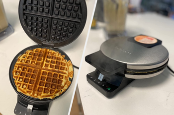 Two reviewer images of the waffle maker open and shut