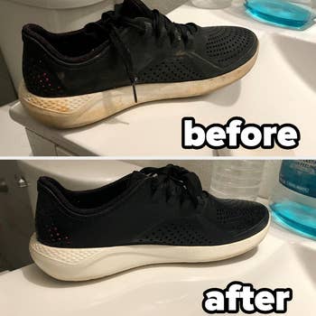 top: reviewer before photo of black shoe with dirty white sole / bottom: after photo showing the sole looking new and clean