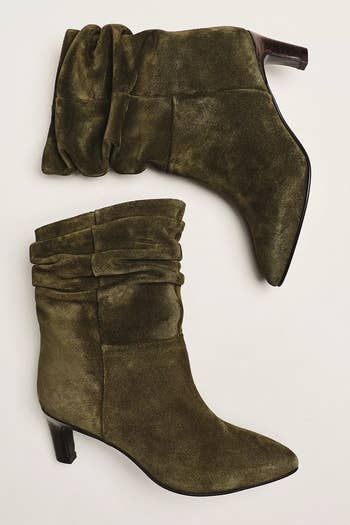 Stylish slouchy ankle boots with mid-height heels and suede texture, perfect for a chic, casual look
