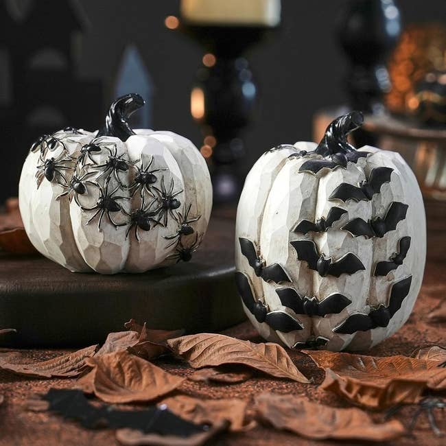Two achromatic decorative pumpkins, 1 with achromatic spiders and the different with bats, surrounded by autumn leaves connected a table