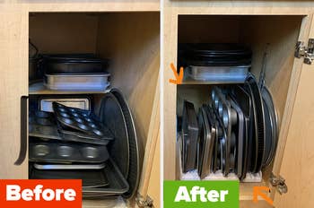 Reviewer image of cupboard before and after with white organizer