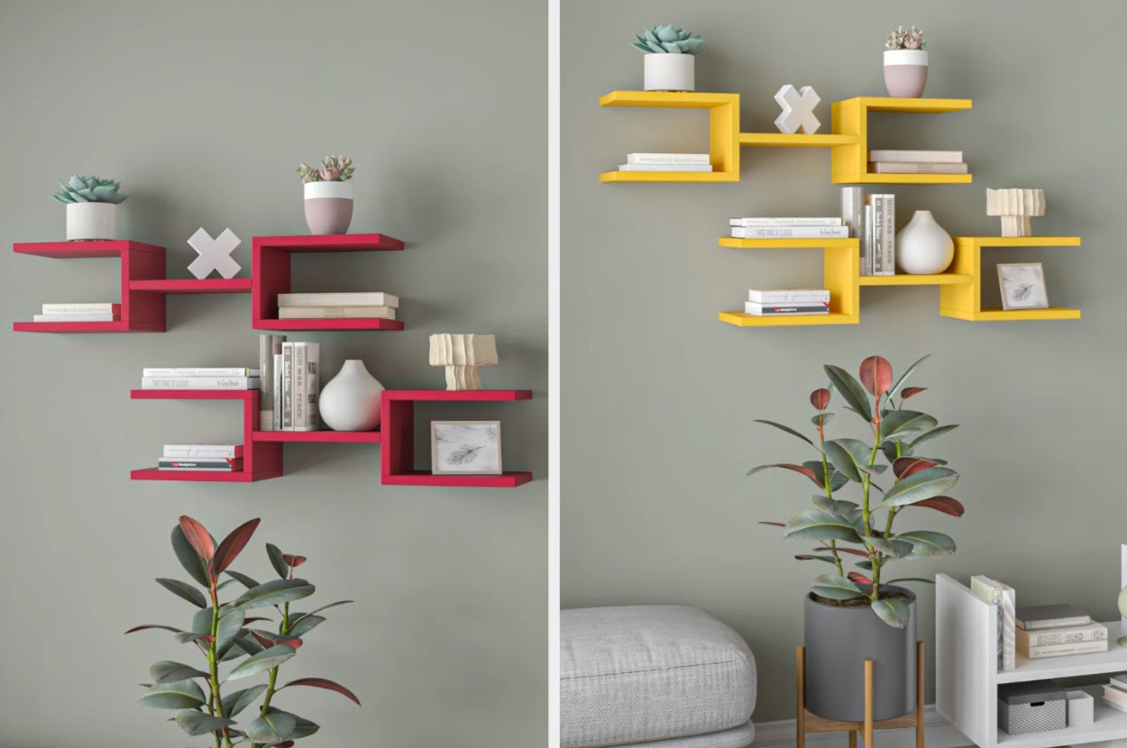 Two red bow-shaped wooden shelves with succulents and books on each of the five shelves underneath a plant, side view of products in yellow with books and pots on it