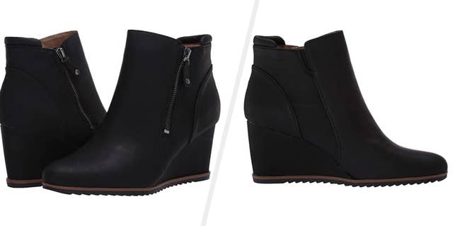 Two images of black wedge booties