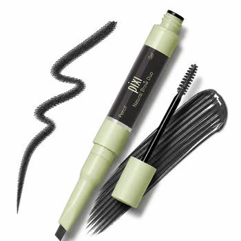 Pixi Natural Brow Duo with precision pencil and brow gel shown successful  an unfastened  state, alongside illustration   strokes of each   product