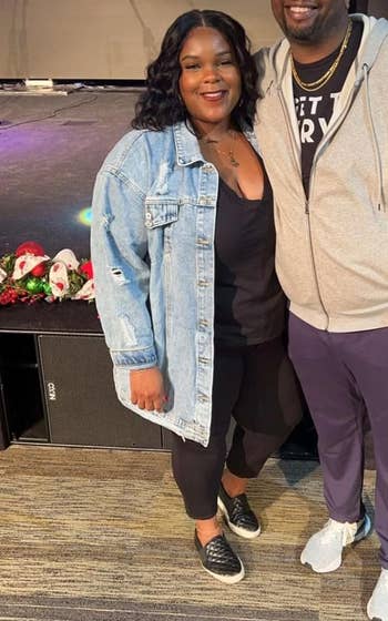 A smiling mates stands unneurotic indoors. The connected the near a reviewer wears a denim jacket, and the antheral is successful a hoodie and way pants