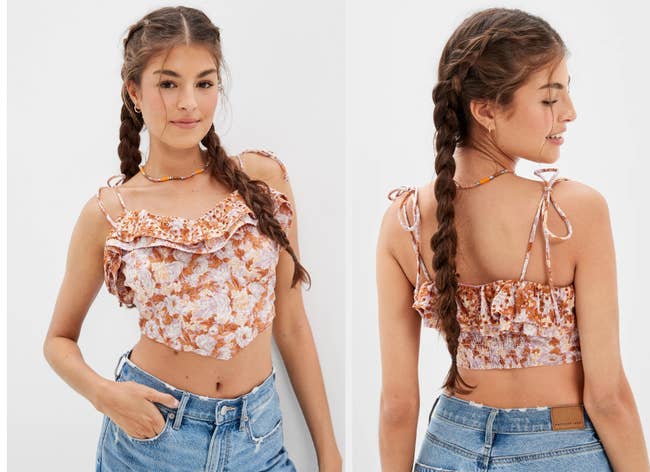 Two images of model wearing ruffle top