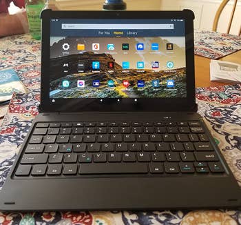 the fire tablet being used with a keyboard as if it were a laptop