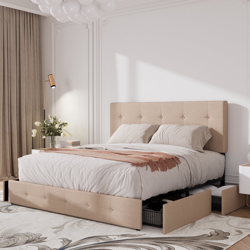 Stylish chamber  with a beige upholstered retention  bed, achromatic  bedding, and bedside array  with a vase of flowers