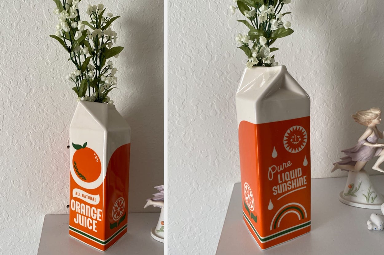 Reviewer image of vintage orange juice carton flower vase with flowers inside
