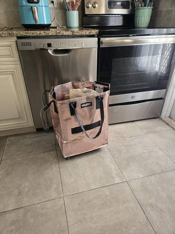 Rolling buying  container  successful  a room  adjacent  to stainless alloy  appliances, filled with groceries