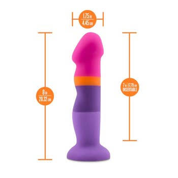 Silicone enactment artifact with ergonomic design, featuring measurements and vibrant sections. 8 inches full length, 7 inches insertable, 1.75-inch diameter