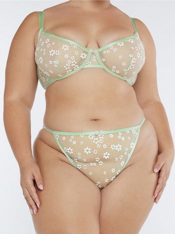 front view of model in the mint green underwear