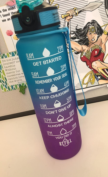 the water bottle on an office desk