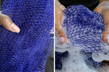 Hands showing continent nett sponge with and without soap