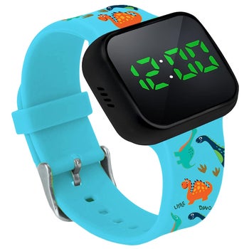 The blue watch with a dinosaur print wrist band and green timer