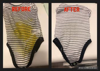 side by side before and after images of a stained baby onesie that is then stain-free