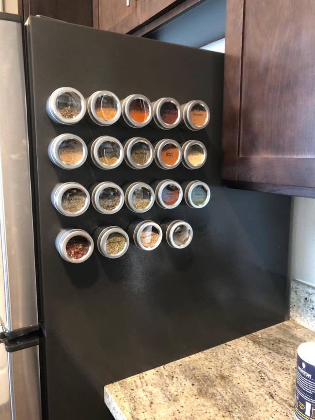 a reviewer with the spice containers on their fridge
