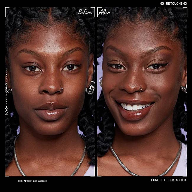 before and after of a model using a pore-filler stick