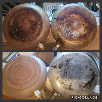 another b&a picture of a skillet with a rusty bottom (top left) and same skillet with a shiny, silver appearance and less stains after using the pink stuff (bottom right)