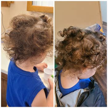 before and after photo of a child whose curls are more defined and less frizzy after the conditioner is applied