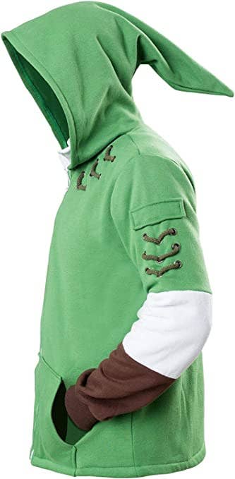 a green hoodie designed to look like link's from the legend of zelda