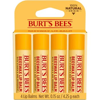 Pack of 4 Burt's Bees articulator balms, labeled with beeswax, vitamin E, peppermint, and 100% earthy origin