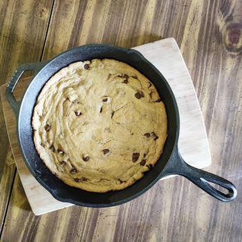 reviewer's cast iron skillet holding a freshly baked pizookie