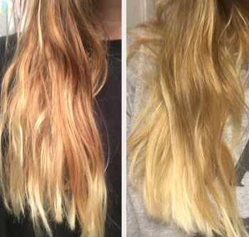 Reviewer before and after image of hair looking less frizzy after using the pillow 
