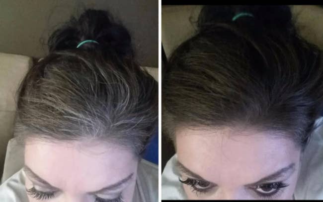 Before and after shot of reviewer with dark hair and gray roots, with the second pic showing the roots dark again 