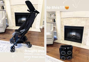 a reviewer shows the stroller up right and a second photo folded
