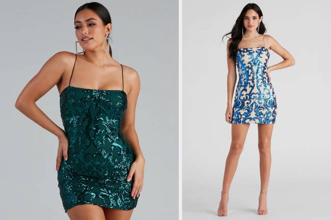 Model wearing mini sleeveless dress in emerald green with sequins and gold square hoop earrings on a gray background, model wearing product in white and blue with nude open-toed heels on a gray background