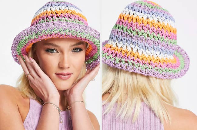 Model showing close up of front and back view of rainbow wicker crochet bucket hat