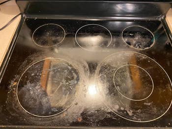 A soiled  electrical  stovetop with aggregate  circular pain  marks and nutrient  residues