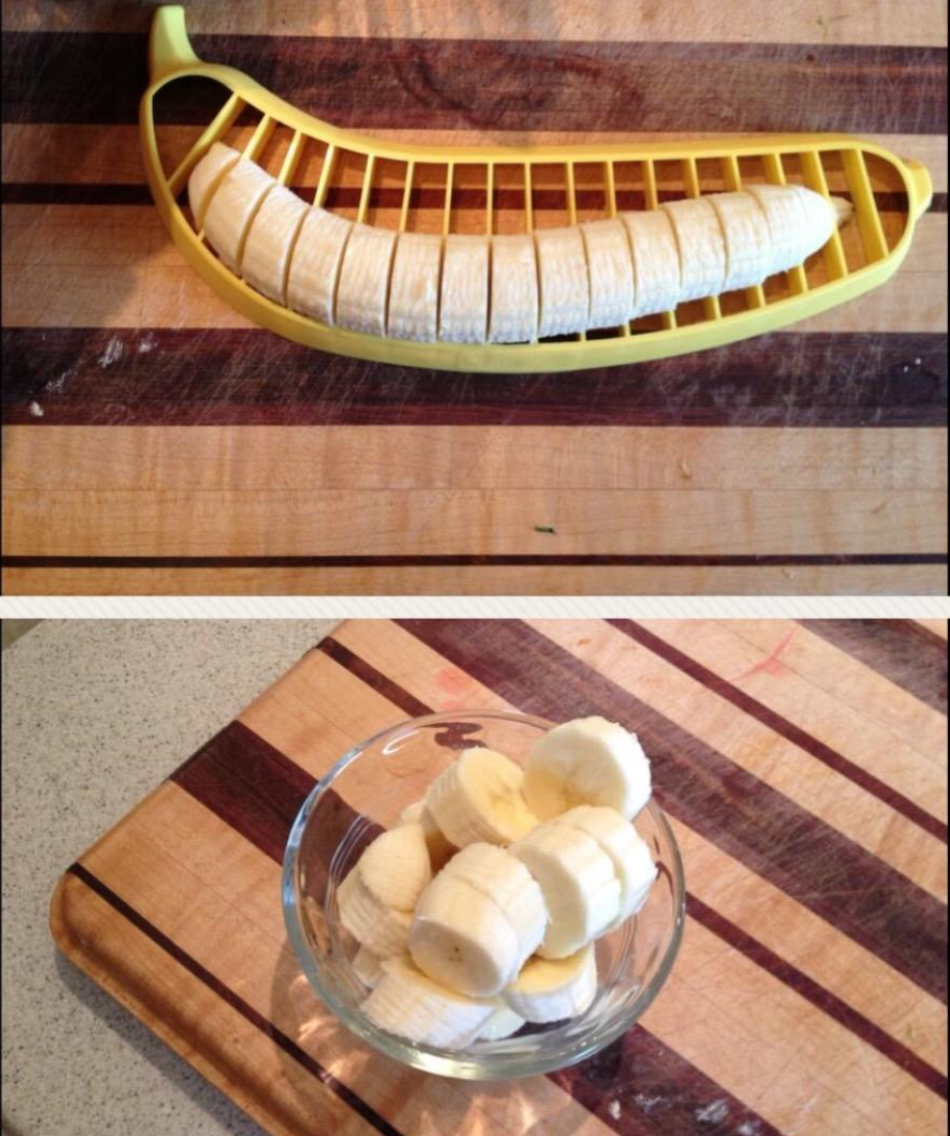 A banana shaped slicer cutting a banana into even portions that are then put into a bowl 
