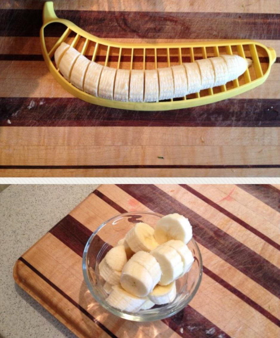 A banana shaped slicer cutting a banana into even portions that are then put into a bowl 