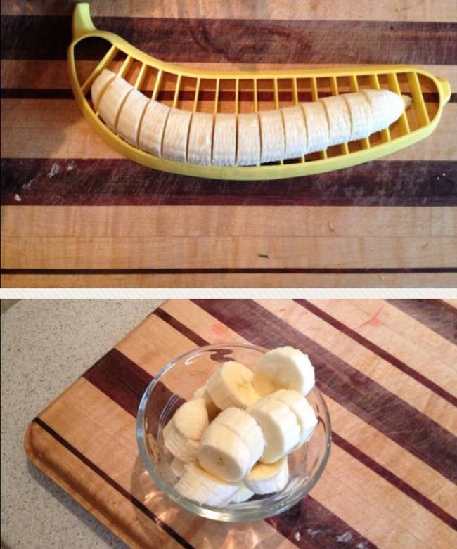 A banana shaped slicer cutting a banana into even portions that are then put into a bowl