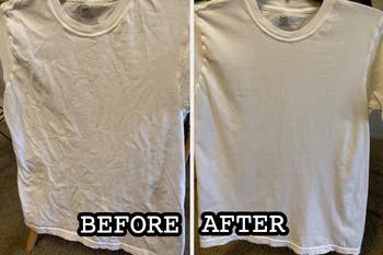 Reviewer's shirt before with a bunch of wrinkles and after wrinkle-free