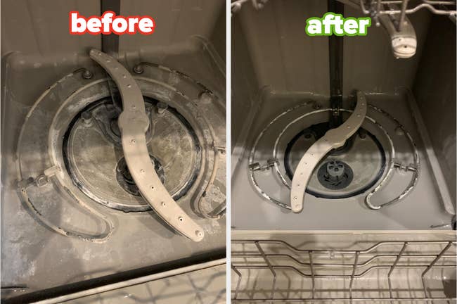 reviewer photo showing their dishwasher completely covered in grime and then the dishwasher looking brand new after using the cleaning tablets