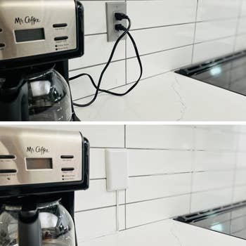 A before and after photo of an outlet using the power strip
