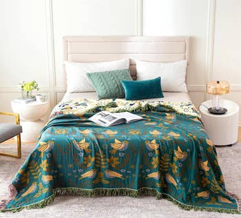 Bedroom with a plush bed featuring patterned throw blanket and decorative pillows, a side table with a lamp, and an open book on the blanket