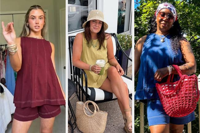 a burgundy apical with shorts, a yellowish sleeveless formal with a hat, and a bluish tunic with reddish accessories