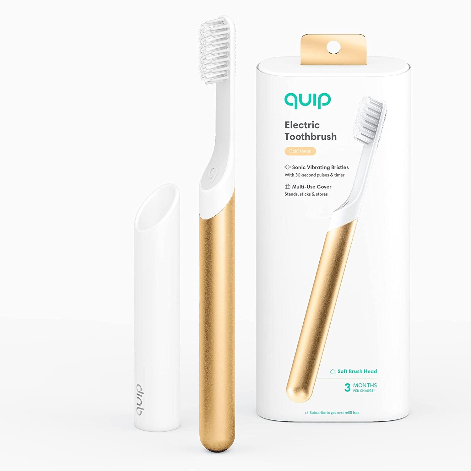 A white toothbrush with a gold bottom, plus a white holder to keep it upright