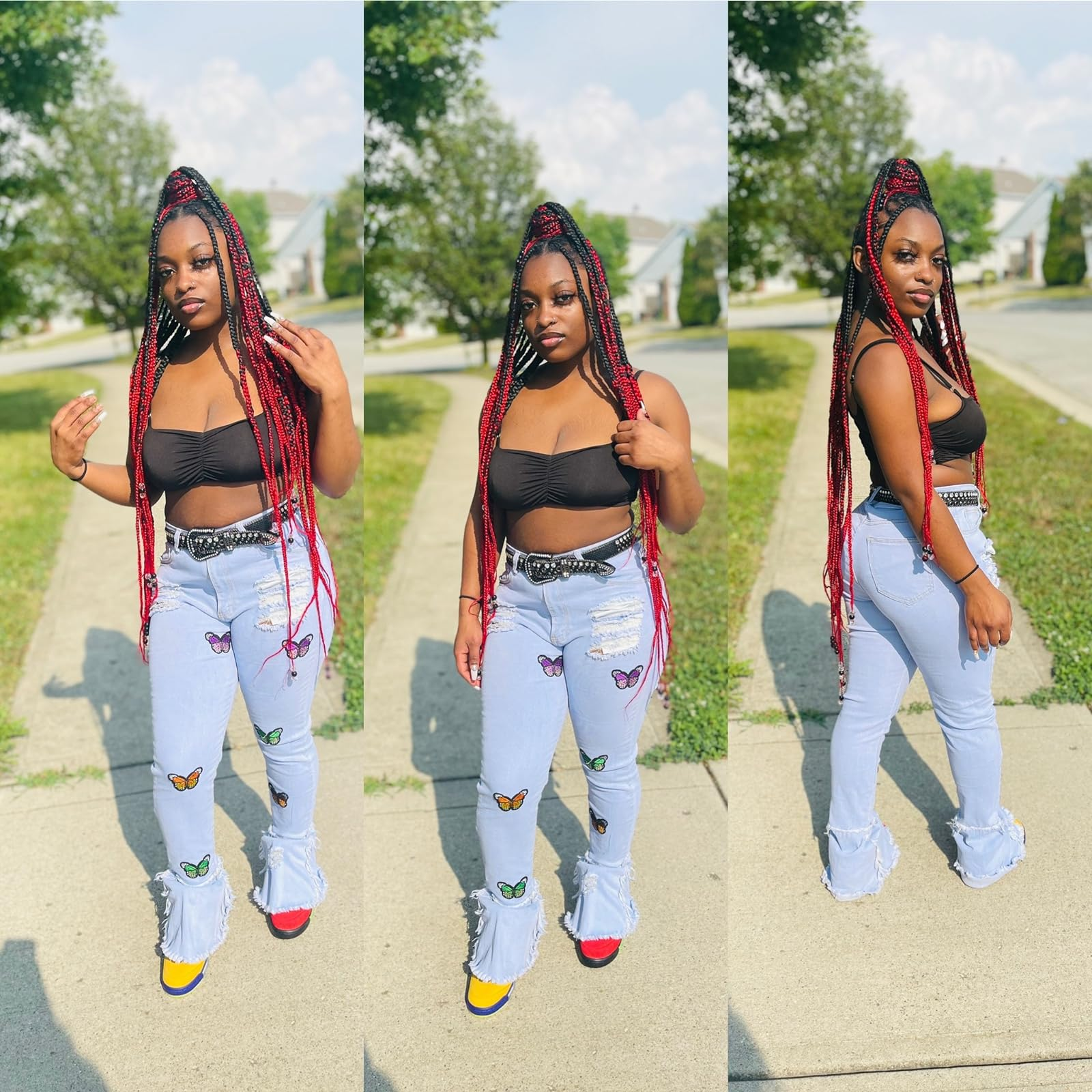a reviewer wearing the butterfly flare jeans