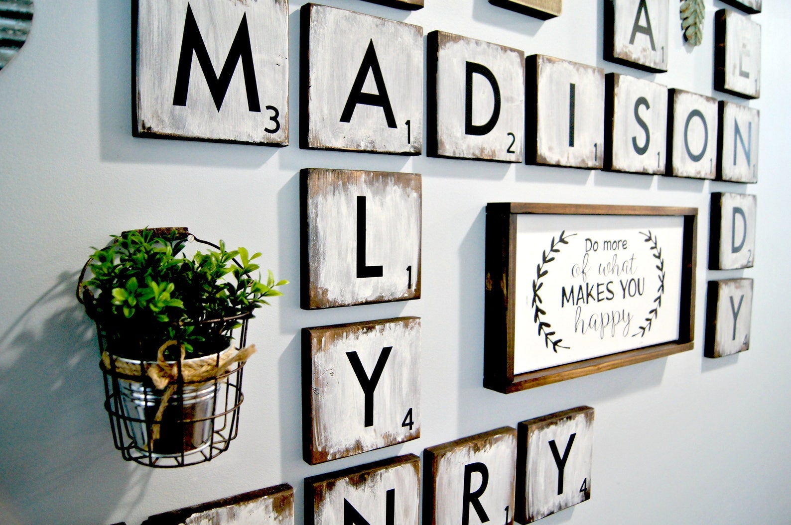 Wall with large Scrabble-style tile squares as wall decor