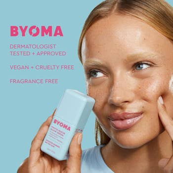 Person applying Byoma serum, highlighting products' dermatologist approval, vegan, cruelty-free, and fragrance-free qualities