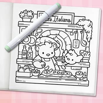 A coloring leafage   featuring cartoon bears making pizza successful  an Italian kitchen, with a marker placed alongside the unfastened  book
